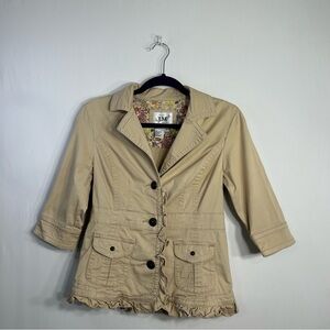 Live A Little CottageCore Natural Ruffle Cotton Pockets Peasant Jacket Size S